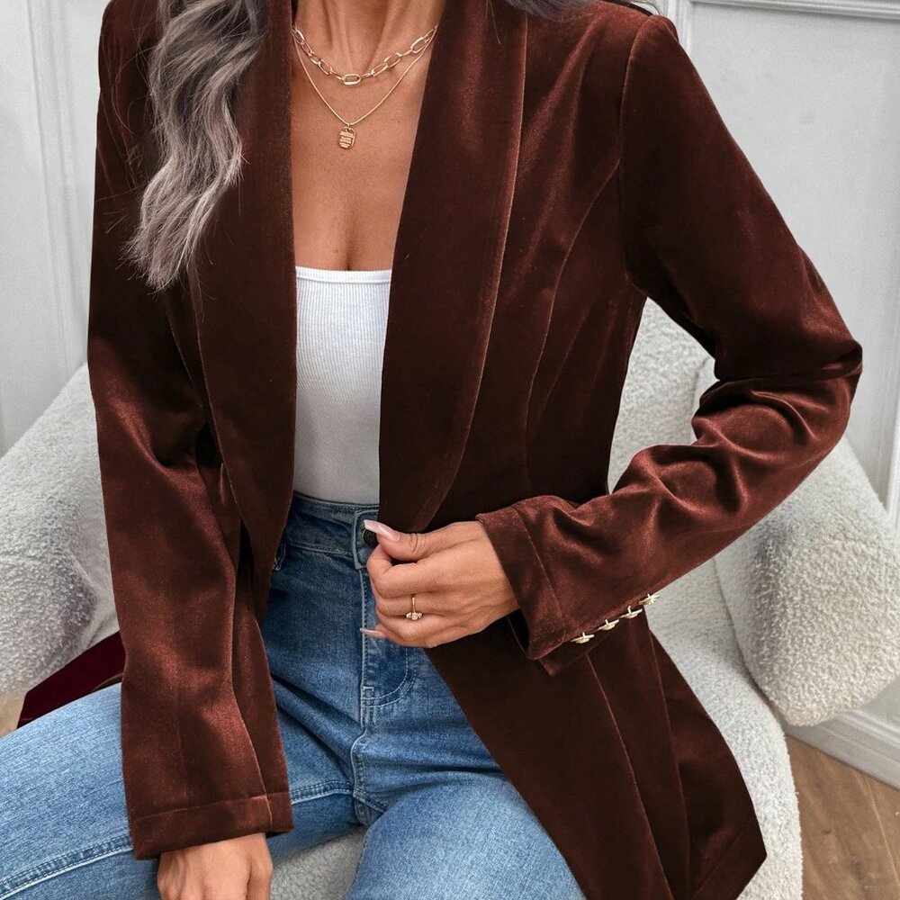 Brown Elegant Women's Velvet Blazer - Picture 6 of 8